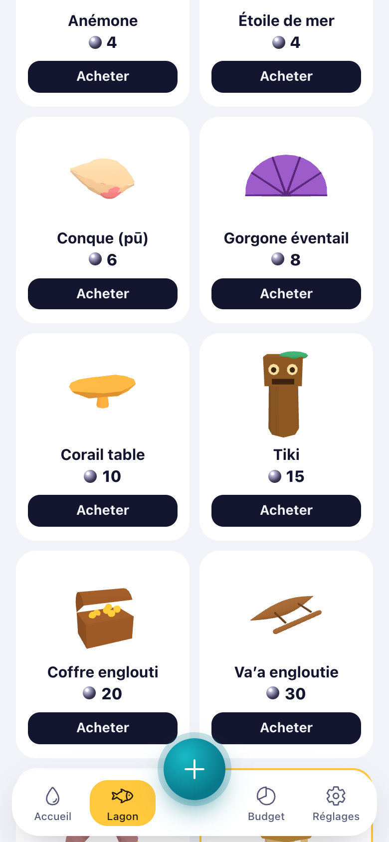 La boutique du récif : anémone, étoile de mer, conque, tiki